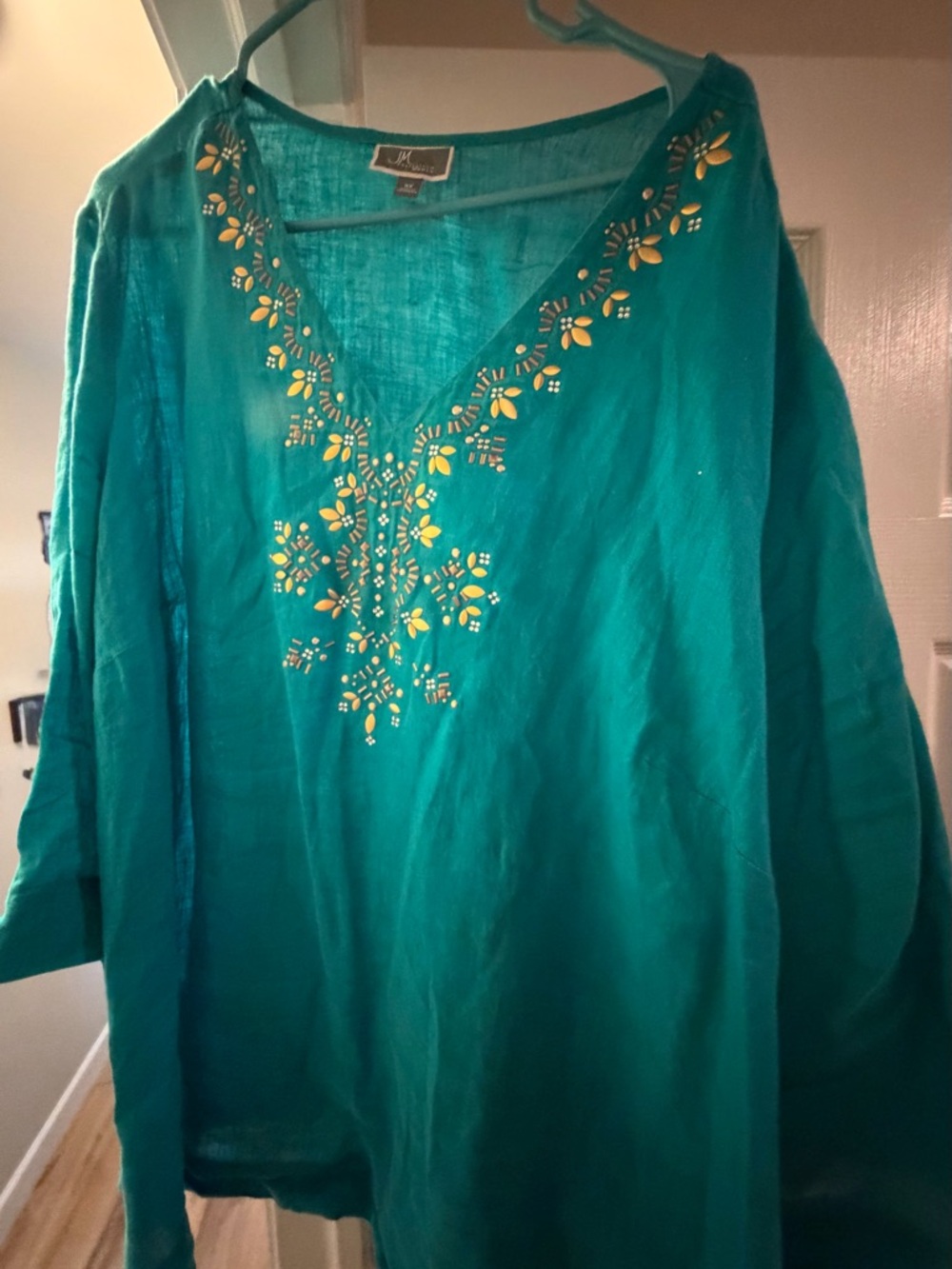 JM Collection Teal Embellished V-Neck Tunic with Yellow Accents